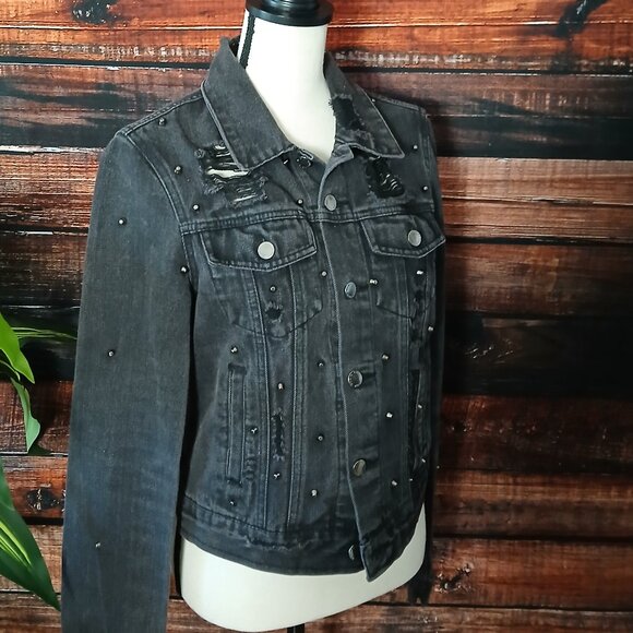 CI SONO Jean Jacket M Crop Distressed Studded Black Denim Grunge Biker - Picture 6 of 9